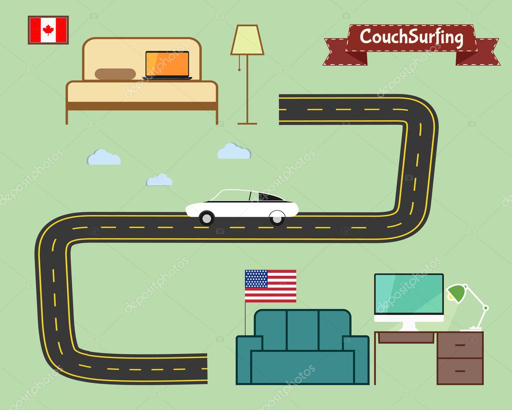 Couch surfing concept. Travel infographic. Share your sofa. Car on the road. 2015. Travel all over the world for free. Can be used as poster, banner, card, template etc. Flat design. Vector