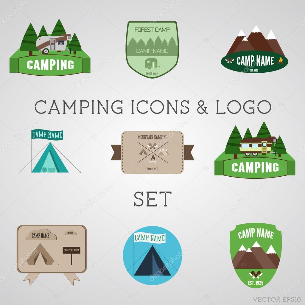 Set of outdoor adventure badges and campsite logo emblems. Summer 2015 stickers.
