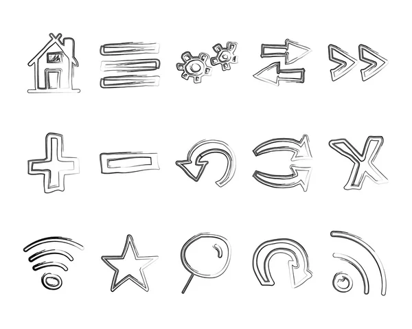 Iconos web dibujados a mano y logo, flechas, establecen elementos de navegador de internet. Sketch, la doodle estilo del trazador de líneas. Inusual diseño para sus proyectos. Aislado sobre fondo blanco. — Archivo Imágenes Vectoriales