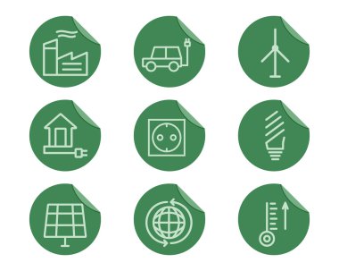 Ekoloji ve çevre koruma anahat Icon set. İnce çizgili Tema. Eko yeşil teknolojileri. Düz çıkartmaları. Beyaz arka plan üzerinde izole. Vektör