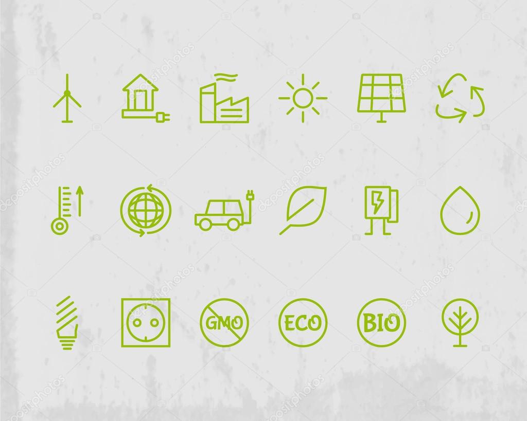 Green, Ecology and environmental protection outline icon set. Thin line design. Eco technologies. Isolated on grunge background. Vector