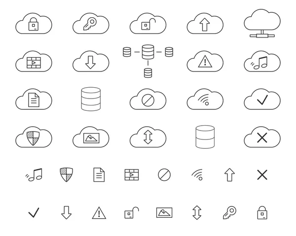 Cloud Storage iconos conjunto. Descritos. Diseño de línea delgada para tecnologías web y móviles de la bobina nube. Aislado sobre fondo blanco. Vector de — Archivo Imágenes Vectoriales
