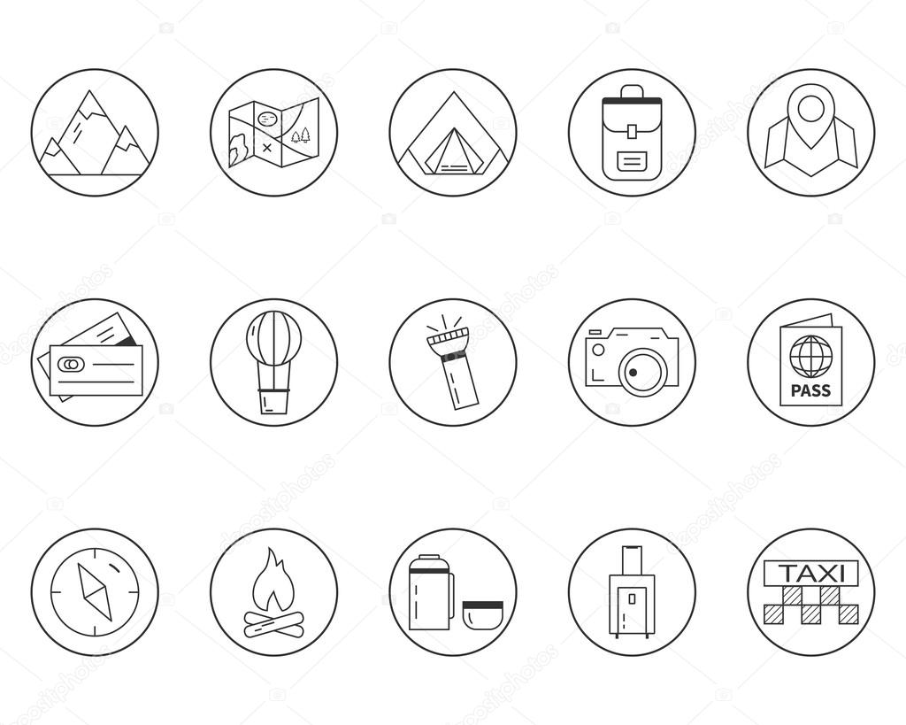 Summer camping and travel outline icons set. Outdoor activity theme. Thin line design. Isolated on white background. Vector