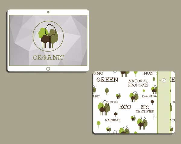 Corporate identity template design for natural and organic shop products. Mobile device, tablet. With organic, Green and eco logo template and bio pattern. Vector - Stok Vektor