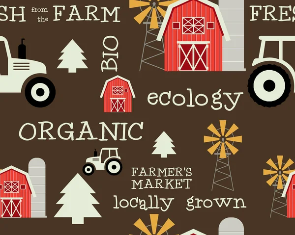 Eco and organic seamless pattern. Farmer s market design. For organic, bio products, shop, web sites, mobile app. Ecology and green theme. Brown background. Vector. — ストックベクタ