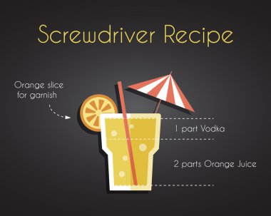 Screw driver cocktail drink recipe vector concept in trendy retro flat design style, with orange, isolated on black background
