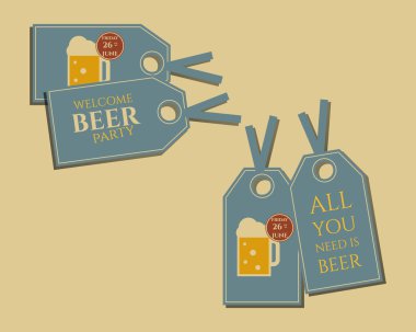 Beer party stickers and labels invitation template with glass of beer. Vintage design for club, pub or night beer party. Isolated on retro color background. Vector