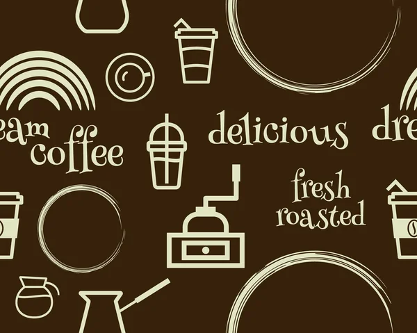Kaffee nahtlose Muster mit Flecken, Linie Kaffee Symbole und Schlüsselwörter. Vektor — Stockvektor