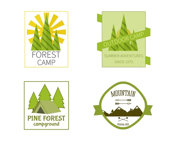 Outdoor Activity Travel Logo Vintage Labels design template. Forest holiday park, campground and campsite. Camping Badges Retro style logotype concept icons set. Vector — Stockový vektor