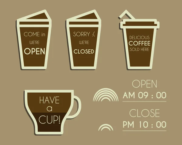 Kaffee-Zeichen. Offene und geschlossene Elemente. Traumkaffeeentwurf mit Infografik-Elemente. Isoliert auf braunem Hintergrund. Vektor — Stockvektor