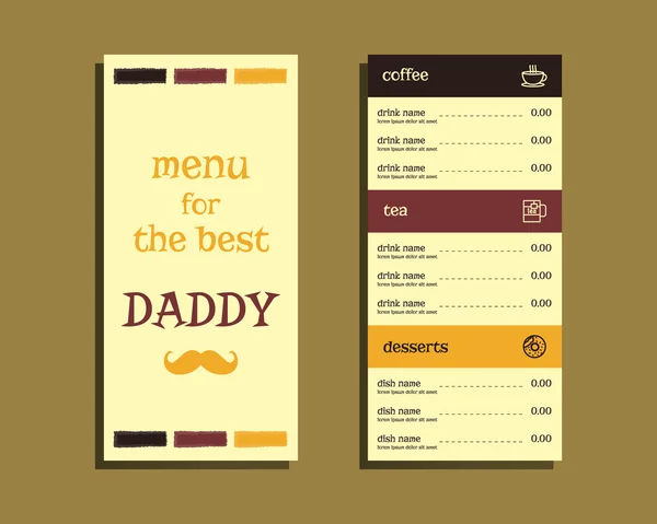 Restaurant and cafe menu. Fathers Day theme. Flat design. With mustache and tie elements. Best for thematic party. Isolated on bright background. Vector — Stok Vektör