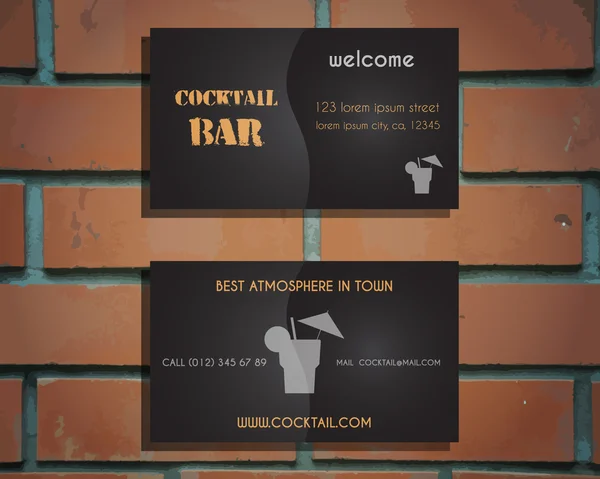 Lounge cocktail bar visiting card template with silhouette Screw driver cocktail icon, logo. Vintage design for bar or restaurant. Isolated on brick wall background. Vector — Vector de stock