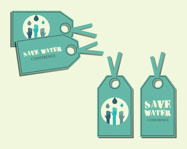 Save water conference stickers and labels invitation template with drops and hands logo template. Isolated on bright blue background. Vector — Stockový vektor