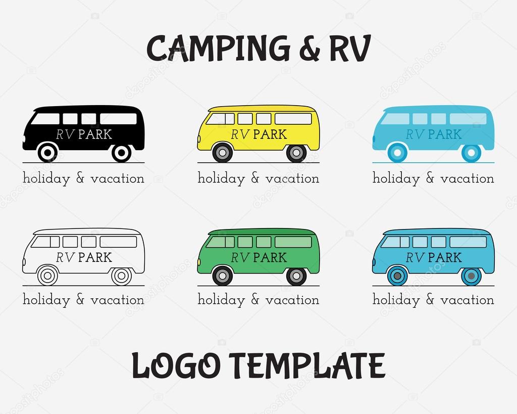 Outdoor Activity Travel Logo Vintage Labels design template. RV, forest holiday park, caravan motor home. Camping Badges Retro style logotype concept icons set. Vector