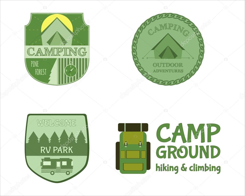 Adventure Outdoor Tourism Travel Logo Vintage Labels design vector templates. RV, forest holiday park, caravan. Camping Badges Retro style logotype concept icons set. Vector illustration