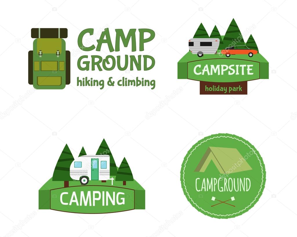 Outdoor  Activity Tourism Travel Logo Vintage Labels design template. RV, forest holiday park, caravan. Camping Badges Retro style logotype concept icons set. Vector