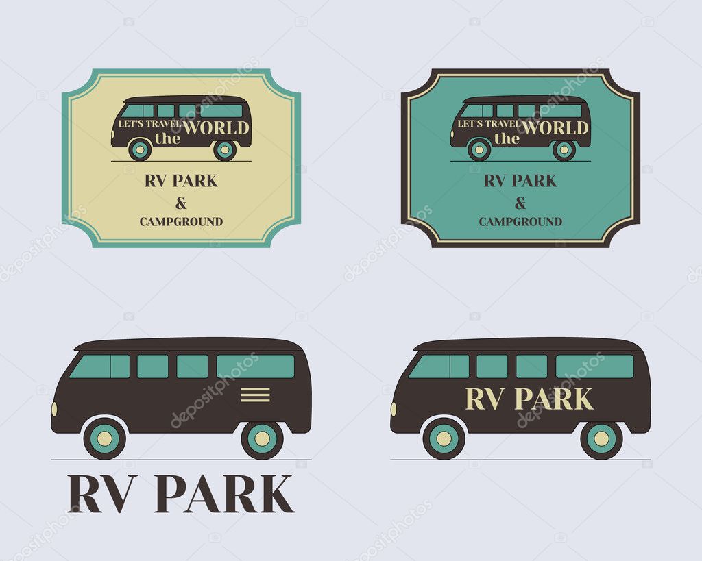Set of vintage outdoor camp badges and logo emblems. Lovely retro colors. Rv and motorhome design. Vector