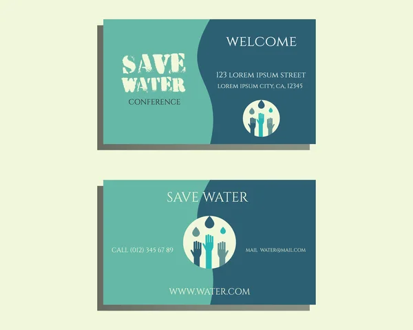 Save water conference visiting card template with drops and hands logo template. Isolated on bright blue background. Vector — Stock Vector