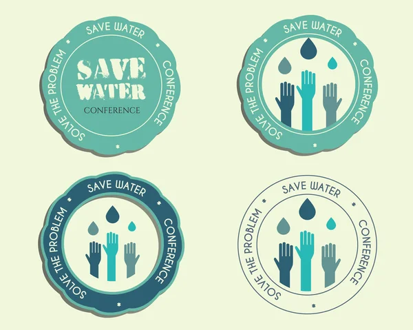 Water conferentie logo en badge templates met druppels en handen logo sjabloon opslaan. Geïsoleerd op heldere blauwe achtergrond. Vector — Stockvector
