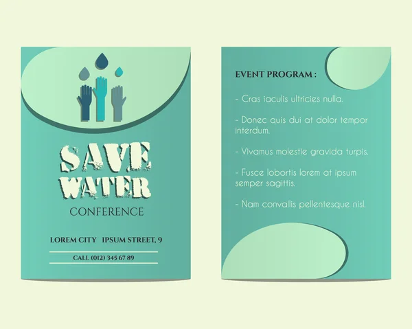 Water conferentie flyer en poster uitnodiging sjabloon met druppels en handen logo sjabloon opslaan. Ongebruikelijke concept. Geïsoleerd op heldere blauwe achtergrond. Vector — Stockvector