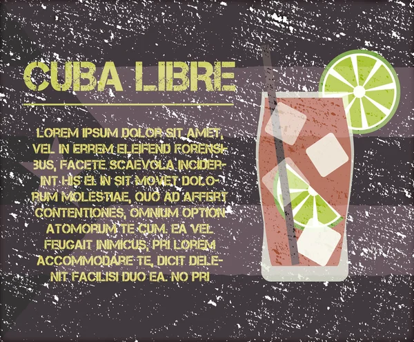 Cuba Libre cocktail with text description. Retro design. On vintage Cuba flag background. Vector - Stok Vektor