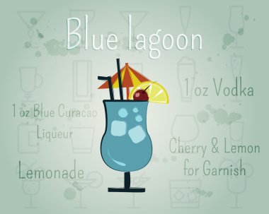 Blue Lagoon Cocktail banner and poster template with ingredients. Summer stylish design. Isolated on unusual Background. Vector