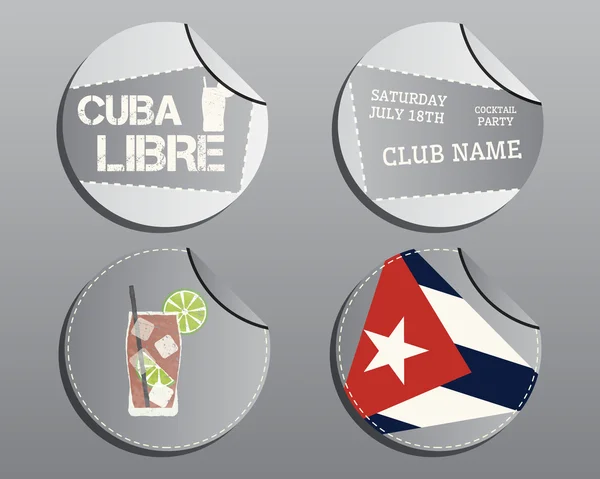 Summer cocktail party badges and labels layout template with Cuba flag and Cuba Libre cocktail. Fresh Modern ice design for cocktail bar or restaurant. Isolated on grey background. Vector — Vector de stock