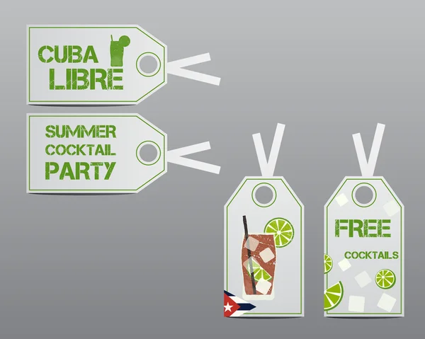 Summer cocktail party stickers and labels layout template with Cuba flag and Cuba Libre cocktail. Fresh Modern ice design for cocktail bar or restaurant. Isolated on grey background. Vector — 스톡 벡터