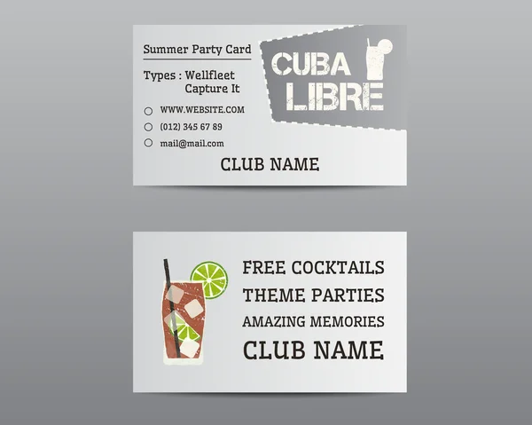 Summer cocktail party business card layout template with Cuba Libre cocktail. Fresh Modern ice design for cocktail bar or restaurant. Isolated on grey background. Vector — Wektor stockowy