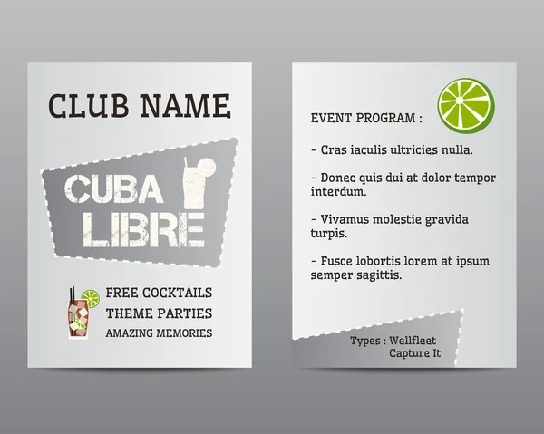 Summer cocktail party flyer invitation template with Cuba Libre cocktail and lime. Modern ice design for cocktail bar or restaurant. Isolated on grey background. Vector — Wektor stockowy
