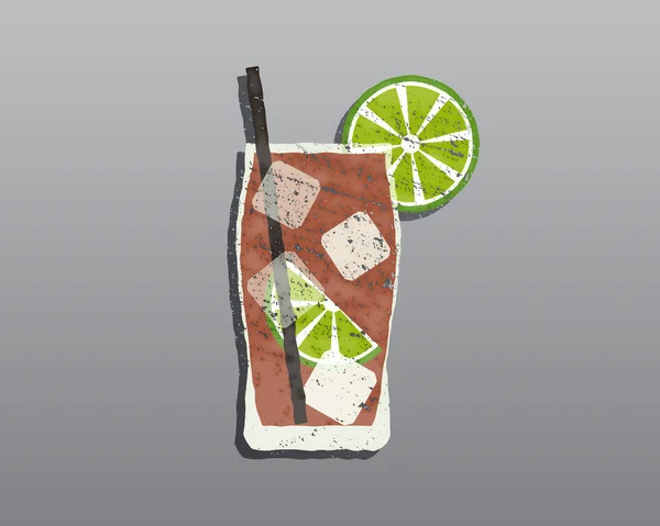Cuba Libre Cocktail mit. Frische Grunge-Design mit Limettenscheibe und Schatten. Isoliert Auf stilvollen grauen Hintergrund. Vektor — Stockvektor