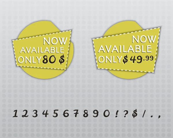 Продажа наклеек и этикеток с Теперь видеть только текст и цифры 0-9 на желтые наклейки и этикетки круг. Скидка. Вектор — стоковый вектор