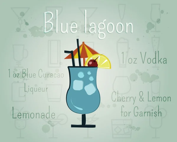 Blue Lagoon Cocktail banner and poster template with ingredients. Summer stylish design. Isolated on unusual Background. Vector — Stock Vector