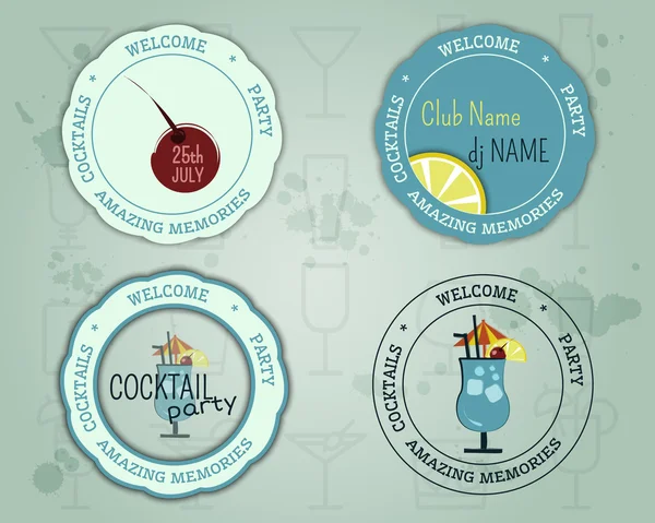 Summer cocktail party badge and logo layout template with blue lagoon cocktail, lemon and cherry elements. Fresh Modern ice design for cocktail bar. Isolated on unusual background. Vector — Vector de stock