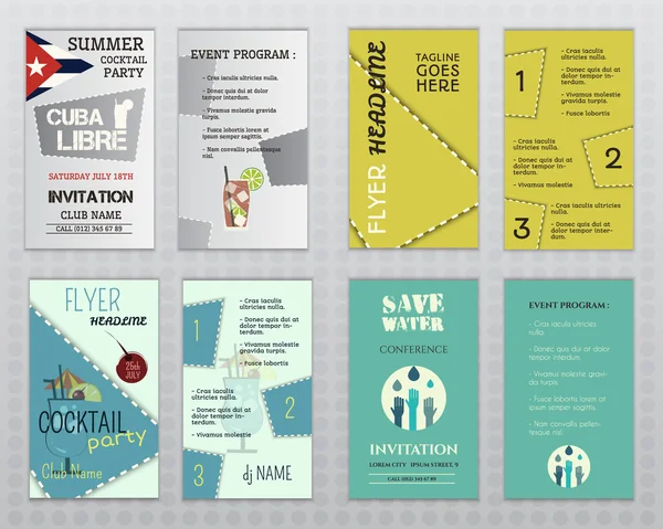 Set of flyer layout templates. Cocktail party, business, save water concepts. Easy to customize. Isolated on halftone grey background. Vector — Stock vektor