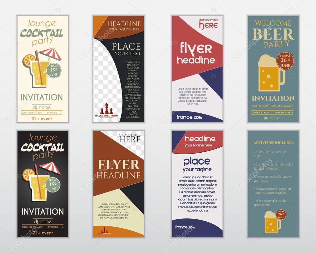 Set of flyer layout templates. Cocktail lounge party, business management consulting, france 2016, beer party concepts. Easy to customize. Isolated on grey background. Vector