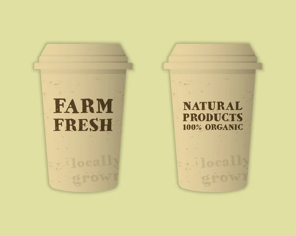 Stylish Farm Fresh paper cups template. Mock up design with shadow. Vintage colors. Best for natural shop, organic fairs, eco markets and local companies. Vector — Archivo Imágenes Vectoriales