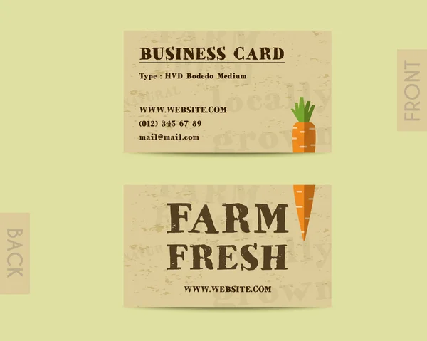 Stylish Farm Fresh visiting card, template with carrot. Mock up design. Retro colors. Best for natural shop, organic fairs, eco markets and local companies. Vector — Stok Vektör