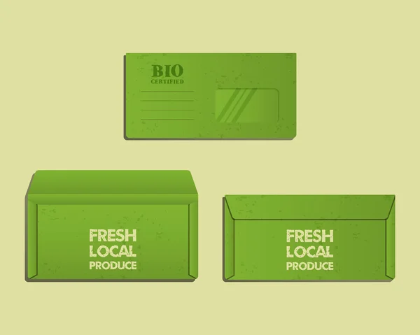 Brand identity template. Envelope. Front, back sides and open. With organic, farm fresh, eco keywords. Green and ecology design. Best for natural products company, shop. Vector — ストックベクタ