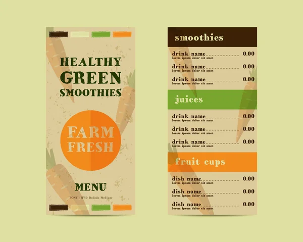 Vegetable smoothie menu vector concept. Fresh elements for cafe or restaurant with energetic fresh drink made in flat style. Fresh juice for healthy life. Organic raw shake. - Stok Vektor
