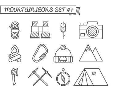 Set of Camping, travel icons, thin line style, flat design. Mountain and climbing theme with touristic tent,  axe and other equipment and elements. Isolated on white background. Vector