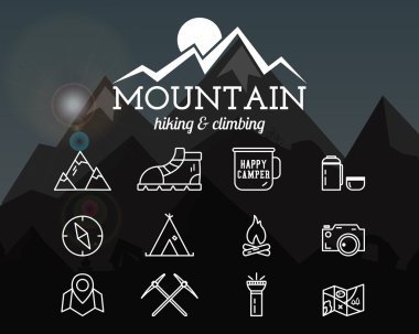 Summer mountain camp badge, logo template and label. Travel, hiking, climbing line icons. Thin and outline design. Outdoor. Best for adventure sites, travel magazine etc. On blurred background. Vector