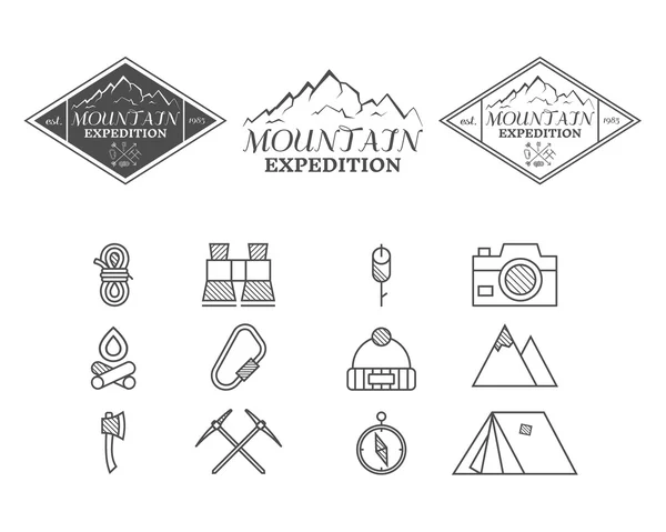 Set of monochrome mountain camp badge, logo and label and icon templates. Travel, hiking, climbing style. Outdoor. Best for adventure sites, travel company etc. Isolated on white background. Vector — Vetor de Stock