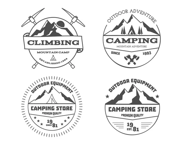 Set of monochrome outdoor camping adventure and mountain, climbing, hiking badge logo, emblem logo, label design. Summer travel with family. Vector — Stock Vector