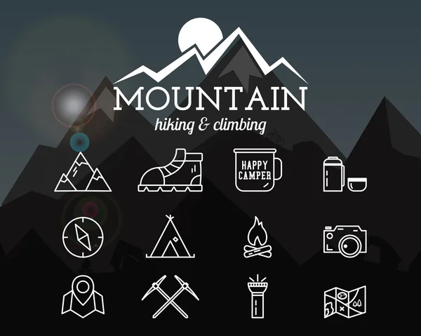 Summer mountain camp badge, logo template and label. Travel, hiking, climbing line icons. Thin and outline design. Outdoor. Best for adventure sites, travel magazine etc. On blurred background. Vector — Vector de stock