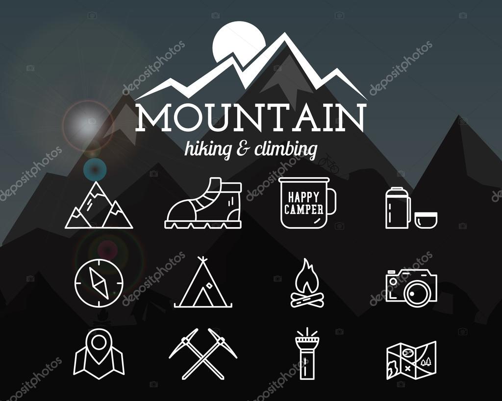 Summer mountain camp badge, logo template and label. Travel, hiking, climbing line icons. Thin and outline design. Outdoor. Best for adventure sites, travel magazine etc.On blurred background. Vector
