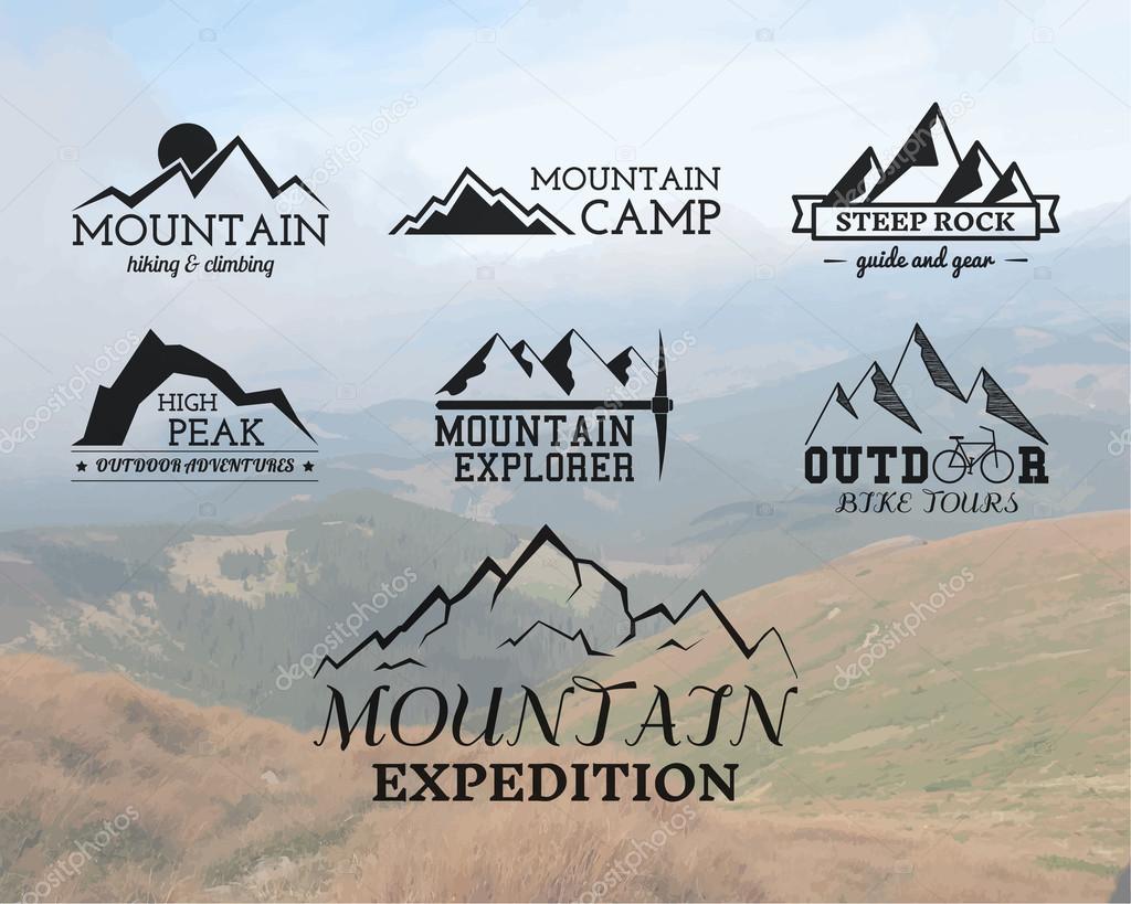 Set of Summer mountain explorer camp badge, logo and label templates. Travel, hiking, climbing style. Outdoor. Best for adventure sites, travel company etc. On blurred background. Vector illustration