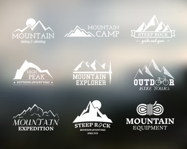 Set of Summer mountain explorer camp badge, logo and label templates. Travel, hiking, climbing style. Outdoor. Best for adventure sites, travel magazine etc. On blurred background. Vector