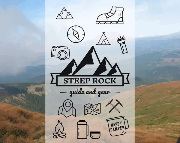 Summer Steep Rock camp insigne, logo modèle. icônes Voyage, randonnée, escalade ligne. La finesse et les grandes lignes. De plein air. Meilleur pour les sites d'aventure, etc. Travel Magazine sur fond flou. Vecteur — Image vectorielle