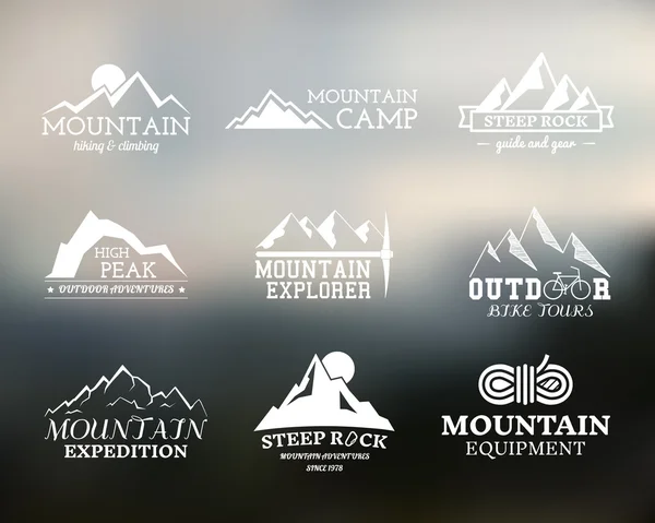 Set of Summer mountain explorer camp badge, logo and label templates. Travel, hiking, climbing style. Outdoor. Best for adventure sites, travel magazine etc. On blurred background. Vector — Stock Vector